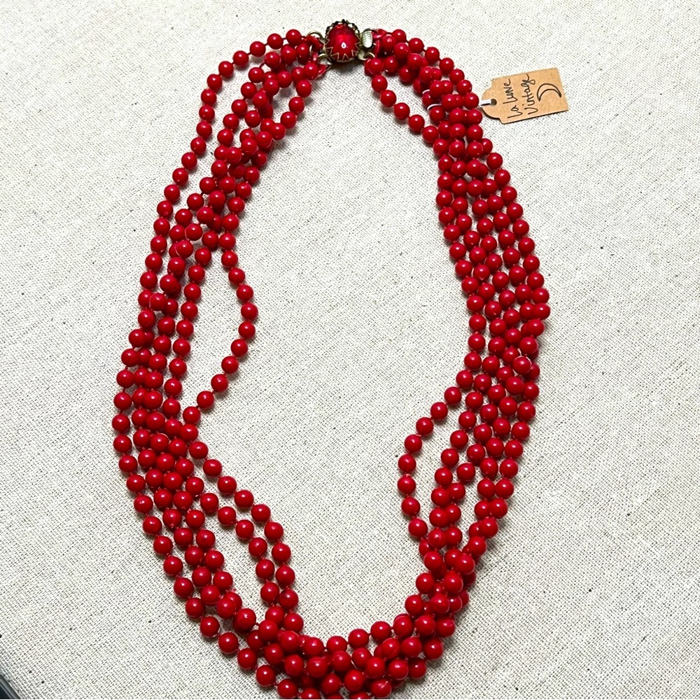 Vintage Red Multi Strand Beaded Necklace Rhinestone Box Clasp